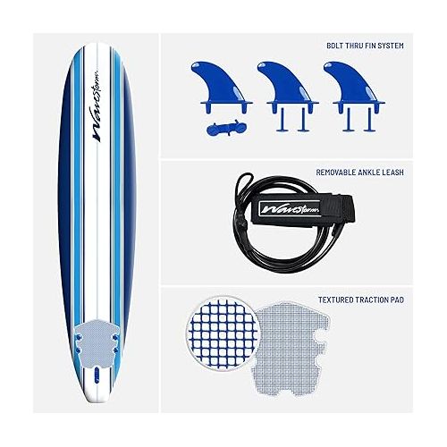  Wave Storm - Classic Soft Top Foam 9ft Surfboard for Beginners and All Surfing Levels Complete Set Includes Leash and Multiple Fins Heat Laminated, Blue Pinline