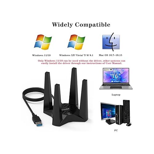  USB WiFi Adapter for Desktop PC, AC1900 WiFi Adapter Dual Band Wireless Network Adapter with 2.4GHz/5GHz High Gain Antennas, MU-MIMO, Supports Windows 11/10/8.1/8/7, XP, Mac OS 10.7-10.15