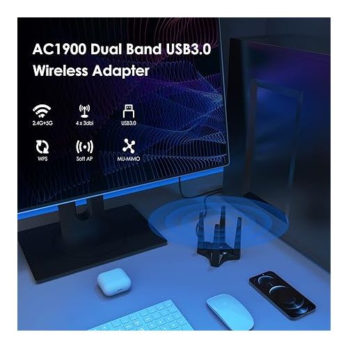  WAVLINK USB 3.0 WiFi Adapter,AC1900 Wireless Network Adapter for Desktop PC,Dual Band 5G/1300Mbps+2.4G/600Mbps with 4x3dBi High Gain Antennas,MU-MIMO,Magnetic Design for MacOS10.7-10.15 Windows