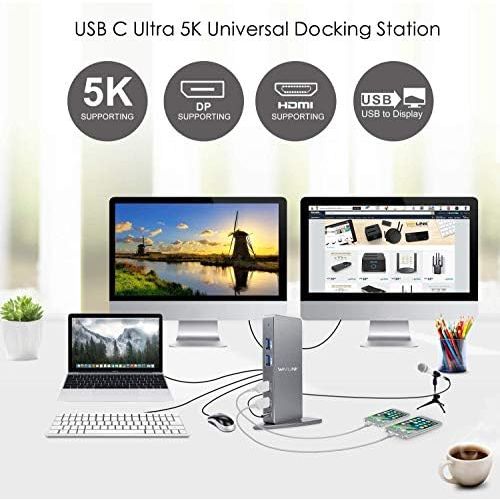  WAVLINK USB C Universal Docking Station, 14-in-1 Aluminum Ultra 5K Dual 4K HD Multiple-Display Adapter with 2 HDMI & DisplayPort, Ethernet, 6 USB 3.0, Audio, DC Jack for Desktop La