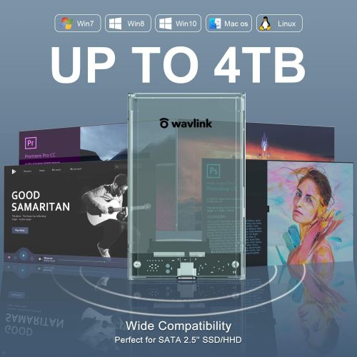  WAVLINK 2.5 Hard Drive Enclosure, USB C 3.1 Gen 2 to SATA External Hard Disk Case Clear for 9.5/7mm HDD SSD w/UASP 6Gbps 4TB Tool Free for WD Seagate Toshiba Samsung Hitachi PS4 Xb