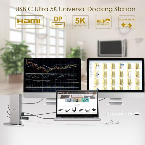  WAVLINK USB 3.0 & USB C Ultra HD5K Universal Docking Station, Dual 4K Video Display with 2xDisplay Port, 2xHDMI, Gigabit Ethernet,4 USB 3.0 Port, 2 Type C-PD Function Not Supporte
