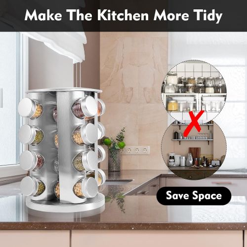  WAYDA Spice Rack Organizer for Cabinet, Revolving Seasoning Organizer with 16 Jars, Rotating Spice Rack Stainless Steel Kitchen Spice Tower for Countertop