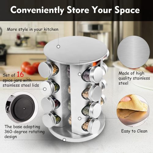  WAYDA Spice Rack Organizer for Cabinet, Revolving Seasoning Organizer with 16 Jars, Rotating Spice Rack Stainless Steel Kitchen Spice Tower for Countertop