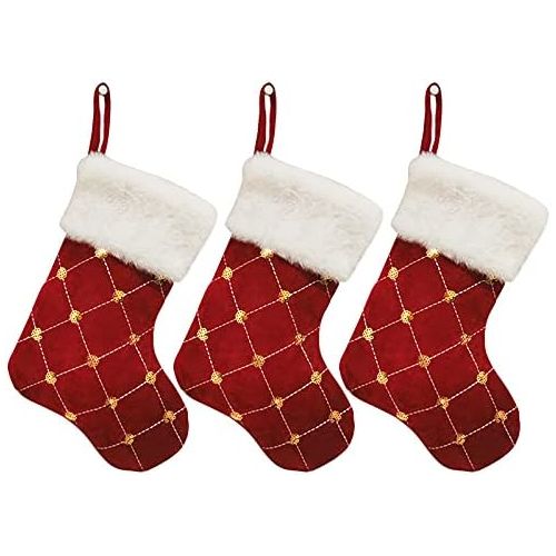  WDDH Set of 3 Sequin Christmas Stockings, 9inch Checker Fireplace Stocking with Gold Sequins, White Plush Cuff Christmas Tree Hanging Stocking Ornaments for Family Holiday Party De