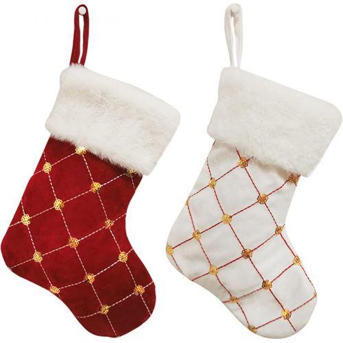  WDDH Set of 3 Sequin Christmas Stockings, 9inch Checker Fireplace Stocking with Gold Sequins, White Plush Cuff Christmas Tree Hanging Stocking Ornaments for Family Holiday Party De