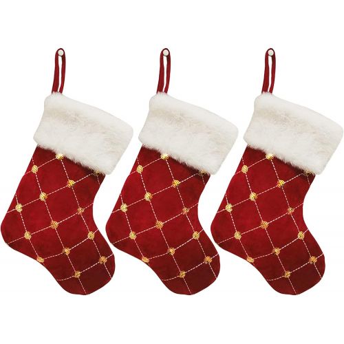  WDDH Set of 3 Sequin Christmas Stockings, 9inch Checker Fireplace Stocking with Gold Sequins, White Plush Cuff Christmas Tree Hanging Stocking Ornaments for Family Holiday Party De