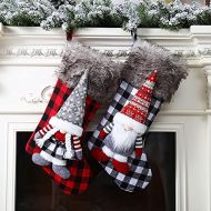 WDDH 2Pack Christmas Stockings, 18.9inch Black-White Buffalo Plaid Christmas Stocking with 3D Mr & Mrs Gnomes, Plush Cuff Fireplace Hanging Stocking Ornaments for Holiday Party Dec