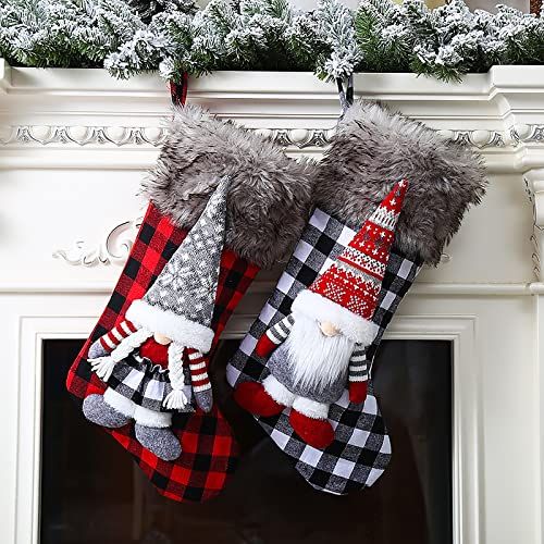  WDDH 2Pack Christmas Stockings, 18.9inch Black-White Buffalo Plaid Christmas Stocking with 3D Mr & Mrs Gnomes, Plush Cuff Fireplace Hanging Stocking Ornaments for Holiday Party Dec