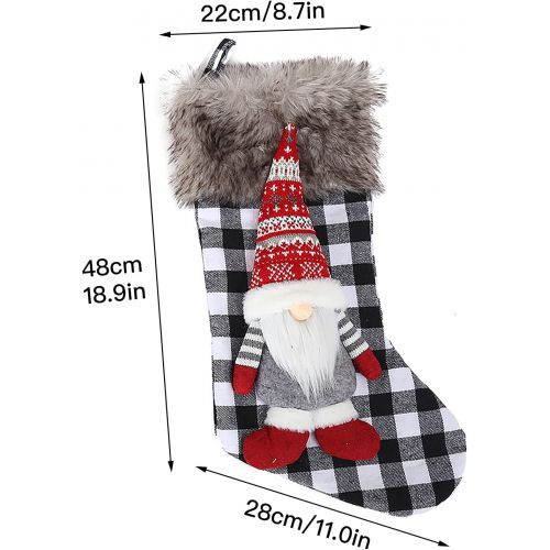  WDDH 2Pack Christmas Stockings, 18.9inch Black-White Buffalo Plaid Christmas Stocking with 3D Mr & Mrs Gnomes, Plush Cuff Fireplace Hanging Stocking Ornaments for Holiday Party Dec