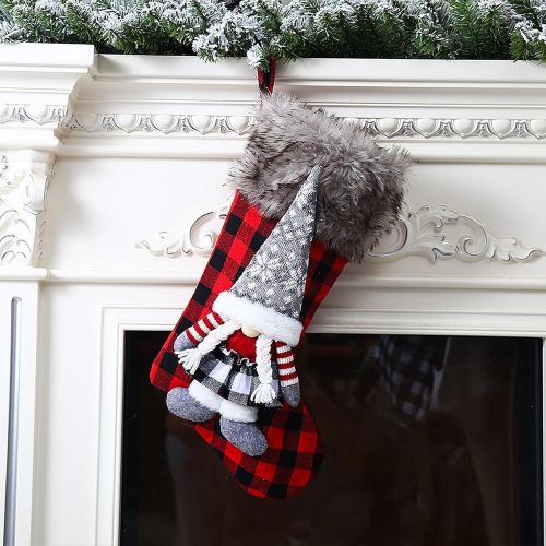  WDDH 2Pack Christmas Stockings, 18.9inch Black-White Buffalo Plaid Christmas Stocking with 3D Mr & Mrs Gnomes, Plush Cuff Fireplace Hanging Stocking Ornaments for Holiday Party Dec