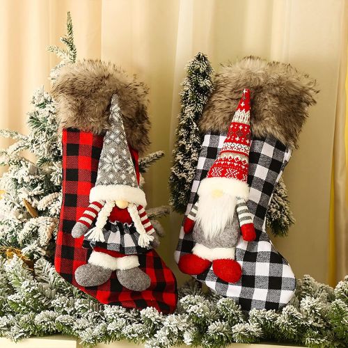  WDDH 2Pack Christmas Stockings, 18.9inch Black-White Buffalo Plaid Christmas Stocking with 3D Mr & Mrs Gnomes, Plush Cuff Fireplace Hanging Stocking Ornaments for Holiday Party Dec