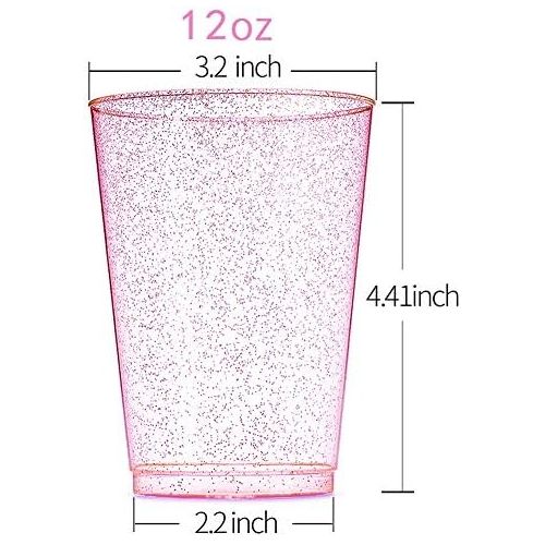  WDF 100pcs 12OZ Rose Gold Cups,Disposable Rose Gold Glitter Plastic Cups-Premium Wedding Pink Cups-Party Cups