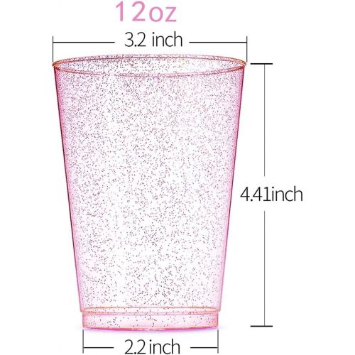  WDF 100pcs 12OZ Rose Gold Cups,Disposable Rose Gold Glitter Plastic Cups-Premium Wedding Pink Cups-Party Cups