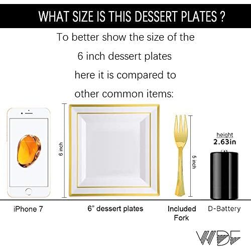  WDF Gold Plastic Plates with Plastic Forks-6” 100 Square Disposable Dessert Plates with Gold Rim&100 Gold Small Appetizer Forks