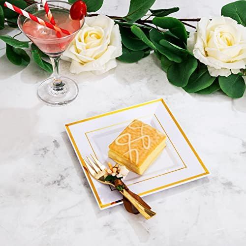  WDF Gold Plastic Plates with Plastic Forks-6” 100 Square Disposable Dessert Plates with Gold Rim&100 Gold Small Appetizer Forks