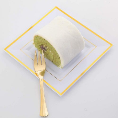  WDF Gold Plastic Plates with Plastic Forks-6” 100 Square Disposable Dessert Plates with Gold Rim&100 Gold Small Appetizer Forks