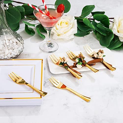  WDF Gold Plastic Plates with Plastic Forks-6” 100 Square Disposable Dessert Plates with Gold Rim&100 Gold Small Appetizer Forks