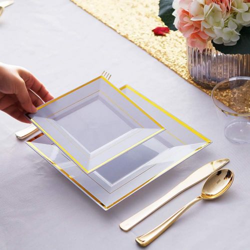  WDF Gold Plastic Plates with Plastic Forks-6” 100 Square Disposable Dessert Plates with Gold Rim&100 Gold Small Appetizer Forks