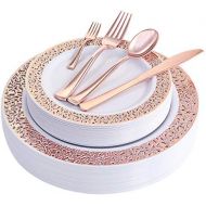 WDF 150PCS Rose Gold Plastic Plates with Disposable Plastic Silverware,Lace Design Plastic Tableware sets include 25 Dinner Plates,25 Salad Plates,25 Forks, 25 Knives, 25 Spoons/Bo