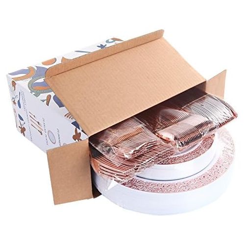  WDF 150PCS Rose Gold Plastic Plates with Disposable Plastic Silverware,Lace Design Plastic Tableware sets include 25 Dinner Plates,25 Salad Plates,25 Forks, 25 Knives, 25 Spoons/Bo