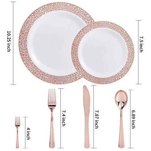  WDF 150PCS Rose Gold Plastic Plates with Disposable Plastic Silverware,Lace Design Plastic Tableware sets include 25 Dinner Plates,25 Salad Plates,25 Forks, 25 Knives, 25 Spoons/Bo