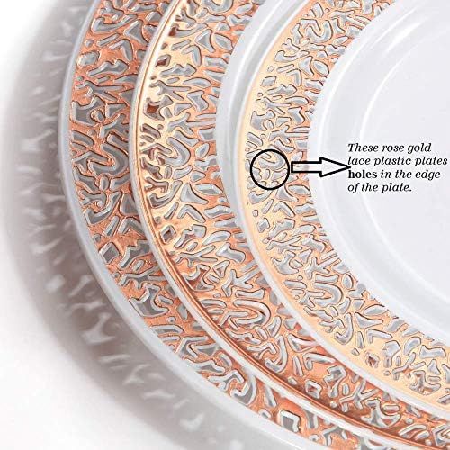  WDF 150PCS Rose Gold Plastic Plates with Disposable Plastic Silverware,Lace Design Plastic Tableware sets include 25 Dinner Plates,25 Salad Plates,25 Forks, 25 Knives, 25 Spoons/Bo