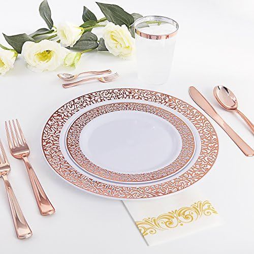  WDF 150PCS Rose Gold Plastic Plates with Disposable Plastic Silverware,Lace Design Plastic Tableware sets include 25 Dinner Plates,25 Salad Plates,25 Forks, 25 Knives, 25 Spoons/Bo