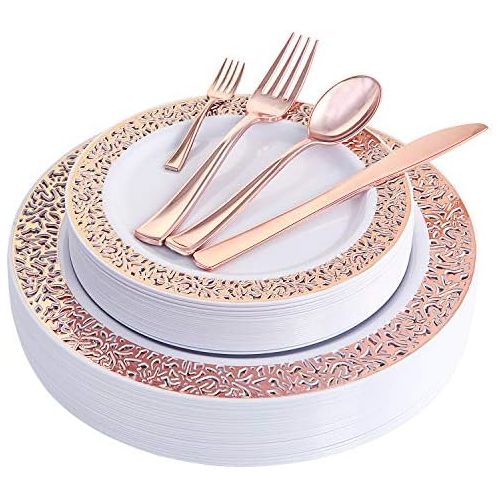  WDF 150PCS Rose Gold Plastic Plates with Disposable Plastic Silverware,Lace Design Plastic Tableware sets include 25 Dinner Plates,25 Salad Plates,25 Forks, 25 Knives, 25 Spoons/Bo