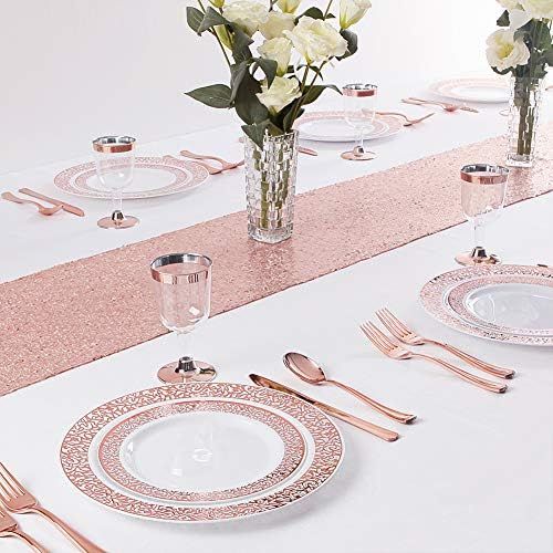  WDF 150PCS Rose Gold Plastic Plates with Disposable Plastic Silverware,Lace Design Plastic Tableware sets include 25 Dinner Plates,25 Salad Plates,25 Forks, 25 Knives, 25 Spoons/Bo