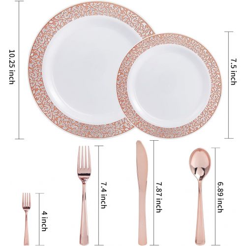  WDF 150PCS Rose Gold Plastic Plates with Disposable Plastic Silverware,Lace Design Plastic Tableware sets include 25 Dinner Plates,25 Salad Plates,25 Forks, 25 Knives, 25 Spoons/Bo