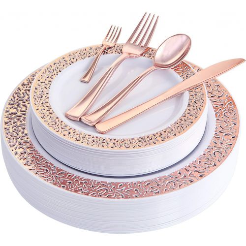  WDF 150PCS Rose Gold Plastic Plates with Disposable Plastic Silverware,Lace Design Plastic Tableware sets include 25 Dinner Plates,25 Salad Plates,25 Forks, 25 Knives, 25 Spoons/Bo