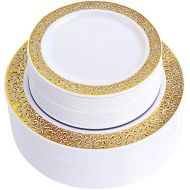 WDF 102pcs Gold Disposable Plastic Plates -Lace Design Wedding Party Plastic Plates include 51 Plastic Dinner Plates 10.25inch,51 Salad/Dessert Plates 7.5inch (Gold Lace Plates)