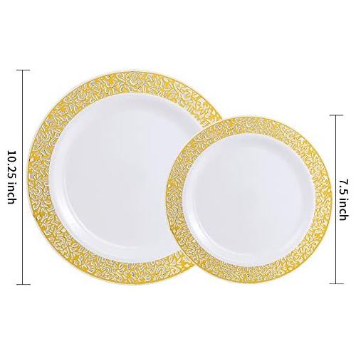  WDF 102pcs Gold Disposable Plastic Plates -Lace Design Wedding Party Plastic Plates include 51 Plastic Dinner Plates 10.25inch,51 Salad/Dessert Plates 7.5inch (Gold Lace Plates)