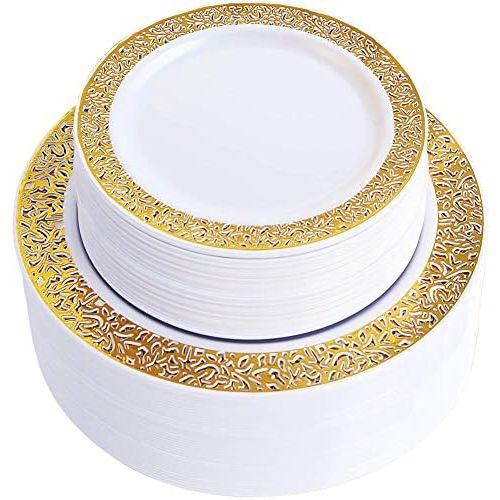  WDF 102pcs Gold Disposable Plastic Plates -Lace Design Wedding Party Plastic Plates include 51 Plastic Dinner Plates 10.25inch,51 Salad/Dessert Plates 7.5inch (Gold Lace Plates)