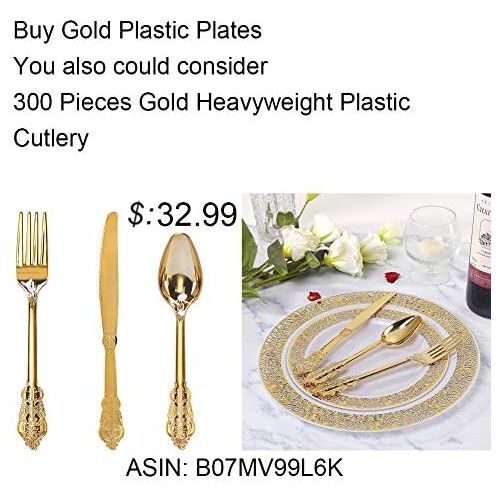  WDF 102pcs Gold Disposable Plastic Plates -Lace Design Wedding Party Plastic Plates include 51 Plastic Dinner Plates 10.25inch,51 Salad/Dessert Plates 7.5inch (Gold Lace Plates)