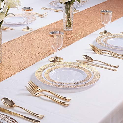  WDF 102pcs Gold Disposable Plastic Plates -Lace Design Wedding Party Plastic Plates include 51 Plastic Dinner Plates 10.25inch,51 Salad/Dessert Plates 7.5inch (Gold Lace Plates)