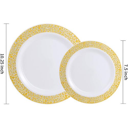 WDF 102pcs Gold Disposable Plastic Plates -Lace Design Wedding Party Plastic Plates include 51 Plastic Dinner Plates 10.25inch,51 Salad/Dessert Plates 7.5inch (Gold Lace Plates)