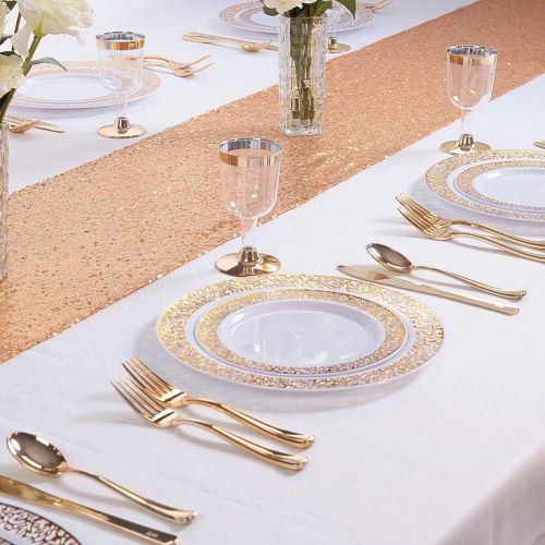  WDF 102pcs Gold Disposable Plastic Plates -Lace Design Wedding Party Plastic Plates include 51 Plastic Dinner Plates 10.25inch,51 Salad/Dessert Plates 7.5inch (Gold Lace Plates)