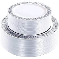 WDF 102PCS Silver Plastic Plates-Disposable Plastic Plates with Silver Rim- Lace Design Plastic Wedding Party Plates including 51Plastic Dinner Plates 10.25inch,51 Salad Plates 7.5