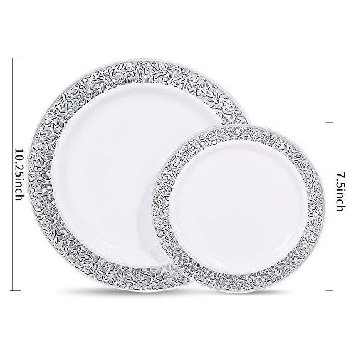  WDF 102PCS Silver Plastic Plates-Disposable Plastic Plates with Silver Rim- Lace Design Plastic Wedding Party Plates including 51Plastic Dinner Plates 10.25inch,51 Salad Plates 7.5