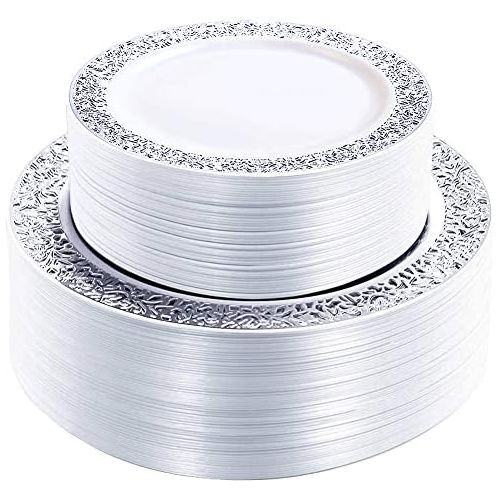  WDF 102PCS Silver Plastic Plates-Disposable Plastic Plates with Silver Rim- Lace Design Plastic Wedding Party Plates including 51Plastic Dinner Plates 10.25inch,51 Salad Plates 7.5