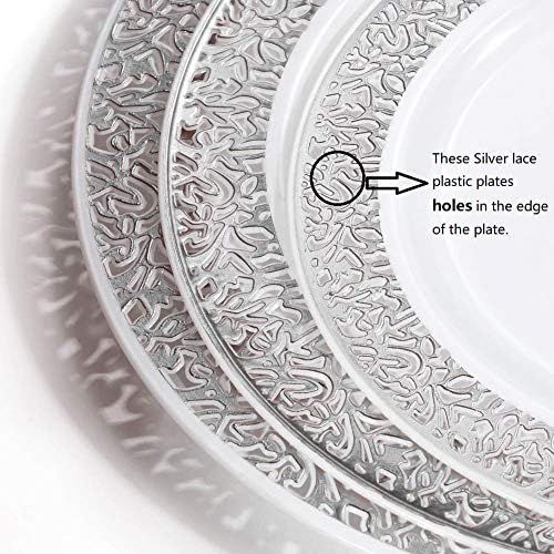  WDF 102PCS Silver Plastic Plates-Disposable Plastic Plates with Silver Rim- Lace Design Plastic Wedding Party Plates including 51Plastic Dinner Plates 10.25inch,51 Salad Plates 7.5