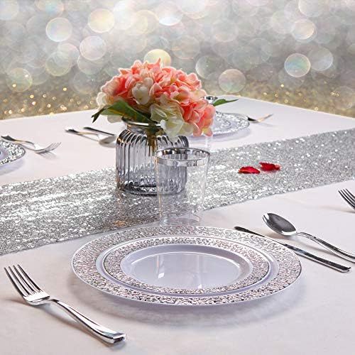  WDF 102PCS Silver Plastic Plates-Disposable Plastic Plates with Silver Rim- Lace Design Plastic Wedding Party Plates including 51Plastic Dinner Plates 10.25inch,51 Salad Plates 7.5