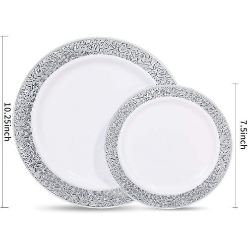  WDF 102PCS Silver Plastic Plates-Disposable Plastic Plates with Silver Rim- Lace Design Plastic Wedding Party Plates including 51Plastic Dinner Plates 10.25inch,51 Salad Plates 7.5