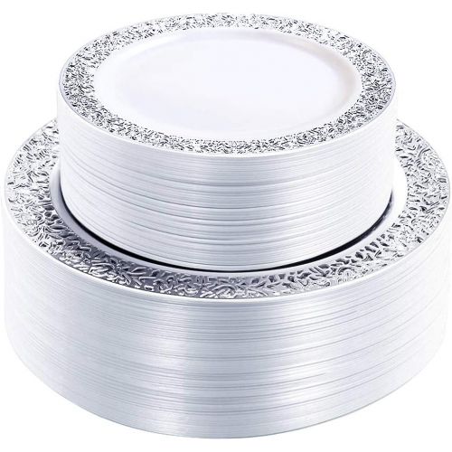  WDF 102PCS Silver Plastic Plates-Disposable Plastic Plates with Silver Rim- Lace Design Plastic Wedding Party Plates including 51Plastic Dinner Plates 10.25inch,51 Salad Plates 7.5