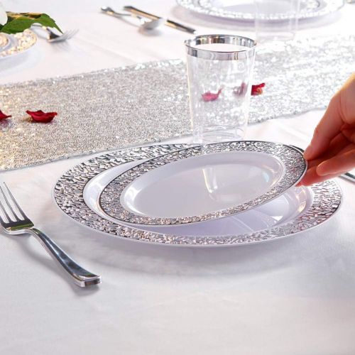  WDF 102PCS Silver Plastic Plates-Disposable Plastic Plates with Silver Rim- Lace Design Plastic Wedding Party Plates including 51Plastic Dinner Plates 10.25inch,51 Salad Plates 7.5