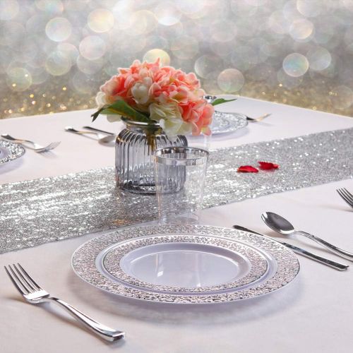  WDF 102PCS Silver Plastic Plates-Disposable Plastic Plates with Silver Rim- Lace Design Plastic Wedding Party Plates including 51Plastic Dinner Plates 10.25inch,51 Salad Plates 7.5