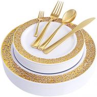 WDF 150PCS Gold Plastic Plates with Disposable Plastic Silverware,Lace Design Plastic Tableware sets include 25 Dinner Plates,25 Salad Plates,25 Forks, 25 Knives, 25 Spoons/Bonus 2