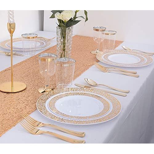  WDF 150PCS Gold Plastic Plates with Disposable Plastic Silverware,Lace Design Plastic Tableware sets include 25 Dinner Plates,25 Salad Plates,25 Forks, 25 Knives, 25 Spoons/Bonus 2